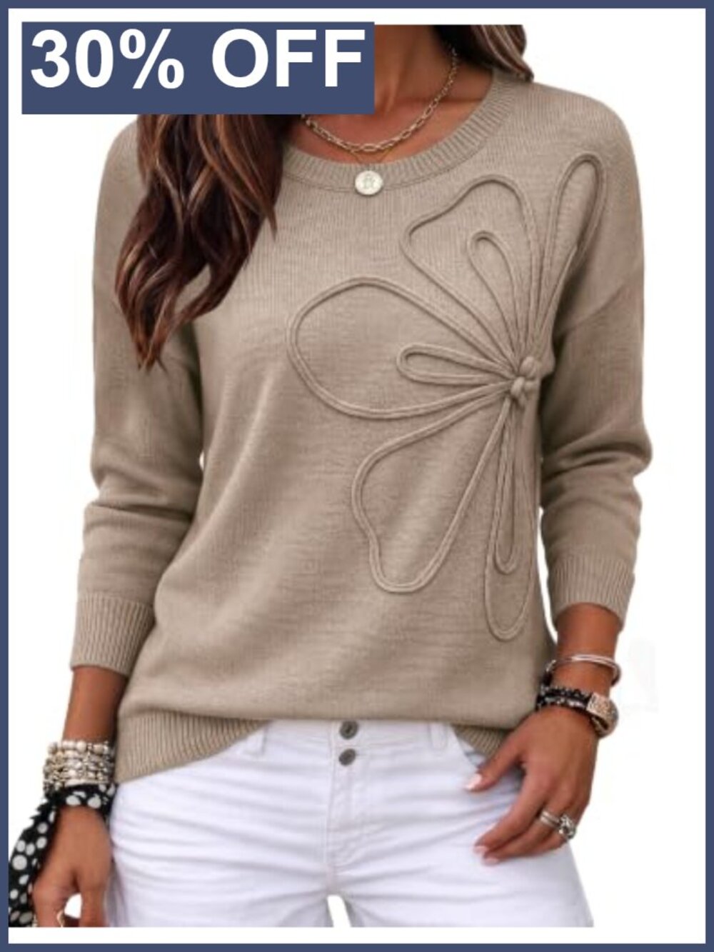 Womens 3D Floral Applique Crewneck Long Sleeve Knit Pullover Sweater